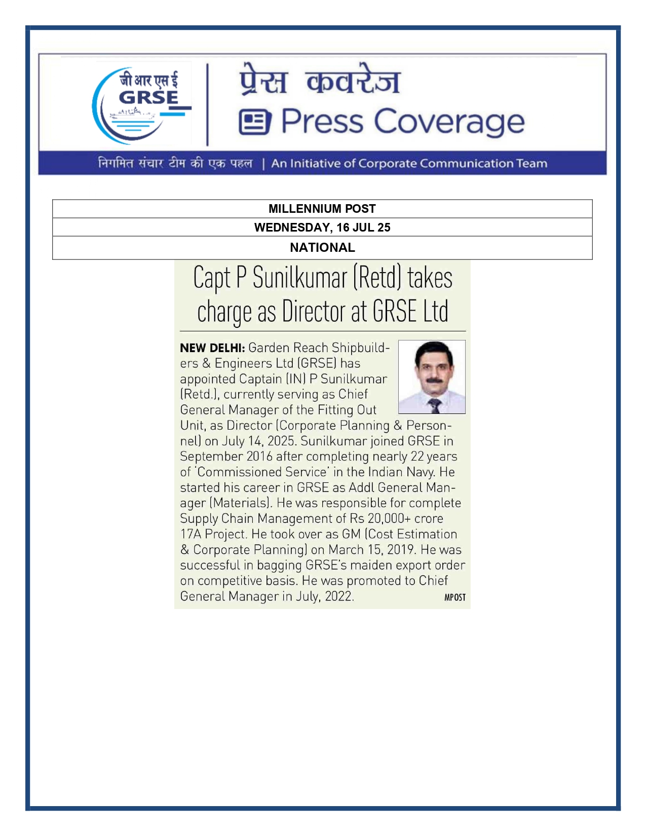 Press Coverage :  Capt P Sunilkumar (Retd) takes charge as Director  at GRSE Ltd